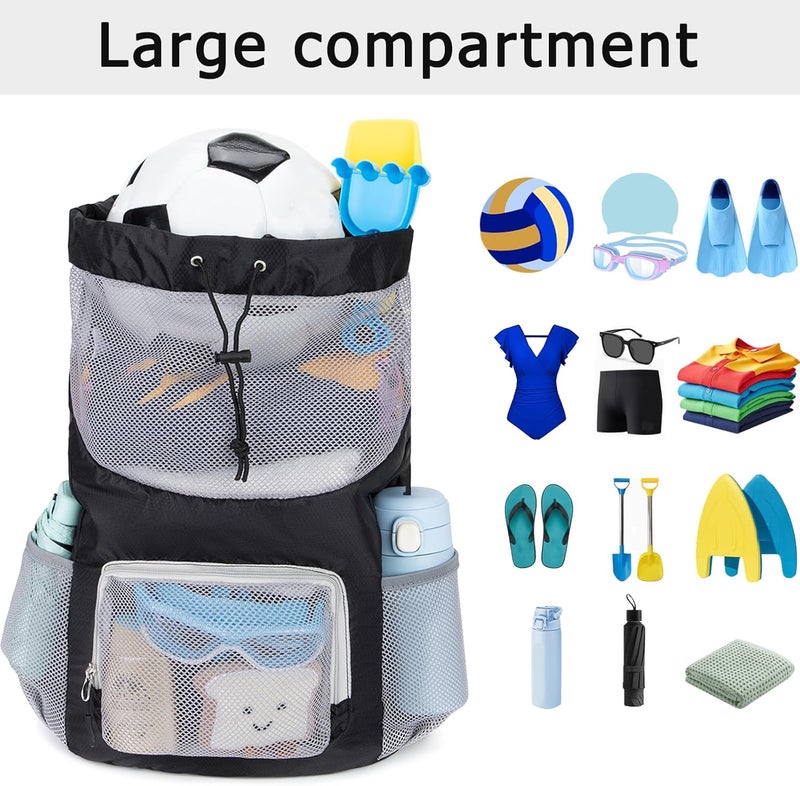 Veious Swim Bag for Kids Drawstring Backpack for Boys Lightweight Mesh Beach Backpack Swimming Pool Sports Gym String Bag Black - Image 2